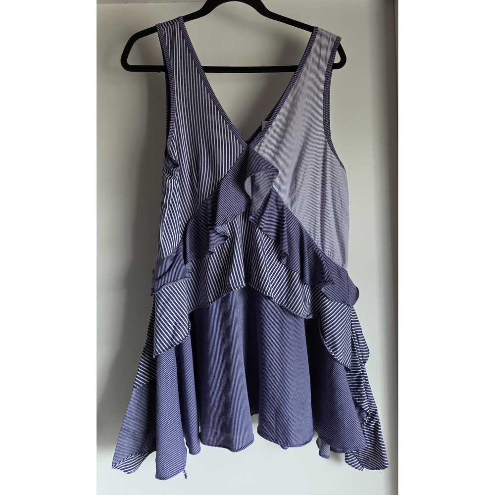 Opening Ceremony Striped Sleeveless Mini Dress Size L Blue White V-Neck Shift